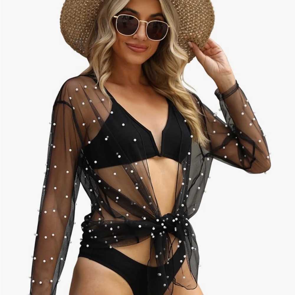 Chic Black Sheer Cover-Up with Pearl Details- new never worn!